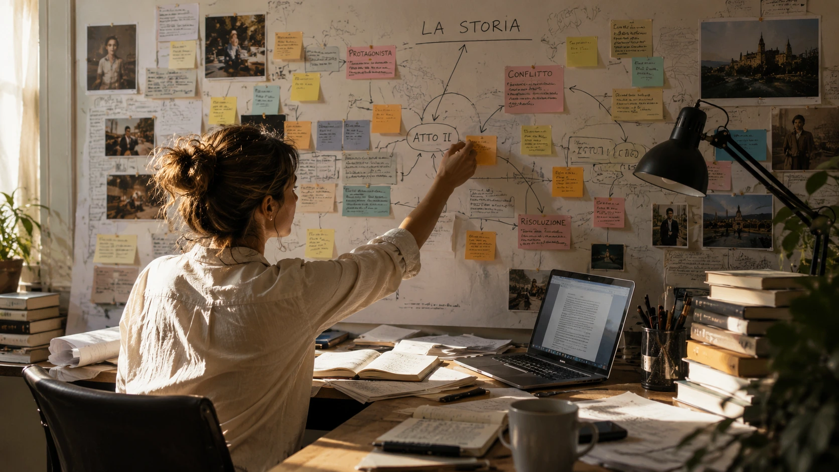 Stanza creativa con storyboard di scrittura